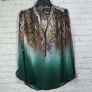 New Directions Sheer Green Ombre Olive GlowSkin Blouse Women's Medium Henley Top